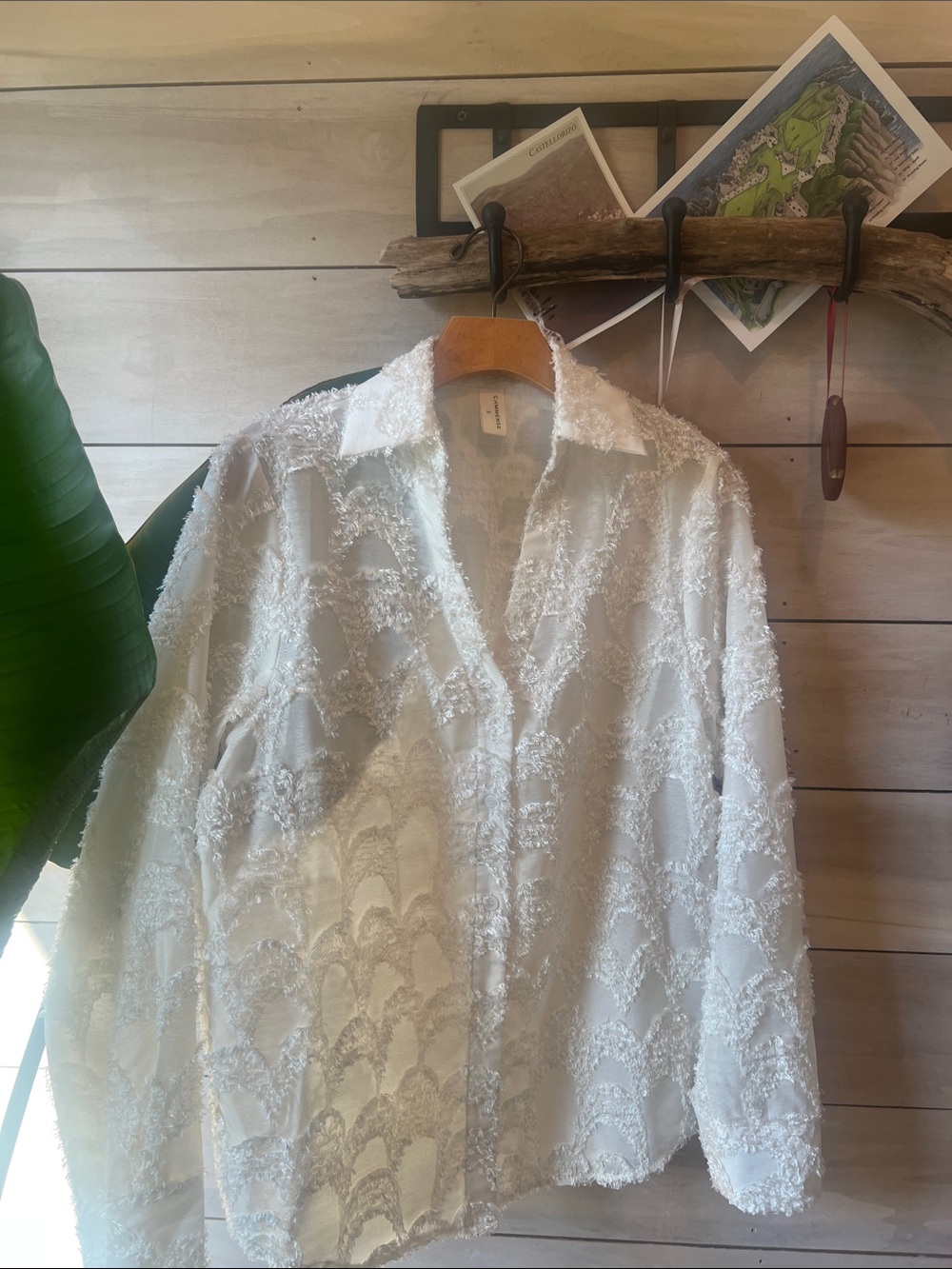 NWOT COMMENSE Semi-Sheer Jacquard Floral Collared Shirt